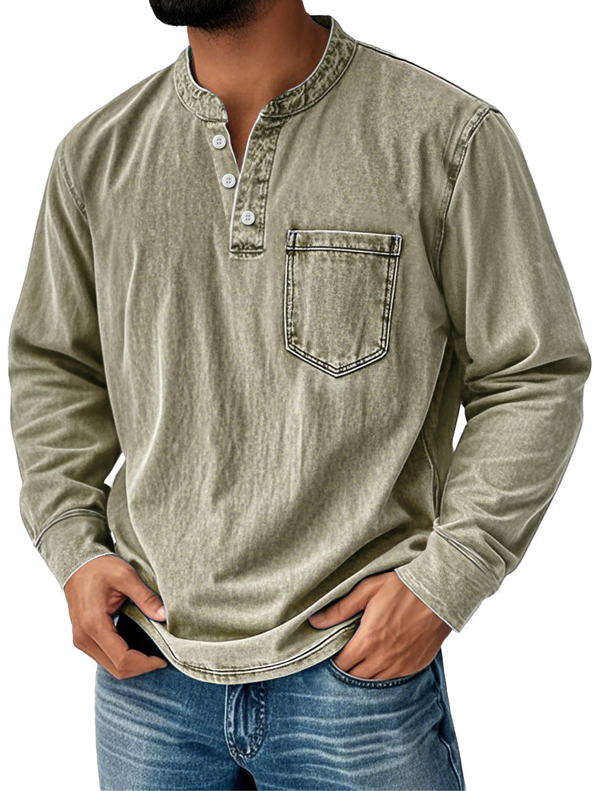 Men's Retro Stand Collar Pocket Casual Distressed Long Sleeve Henley Shirt