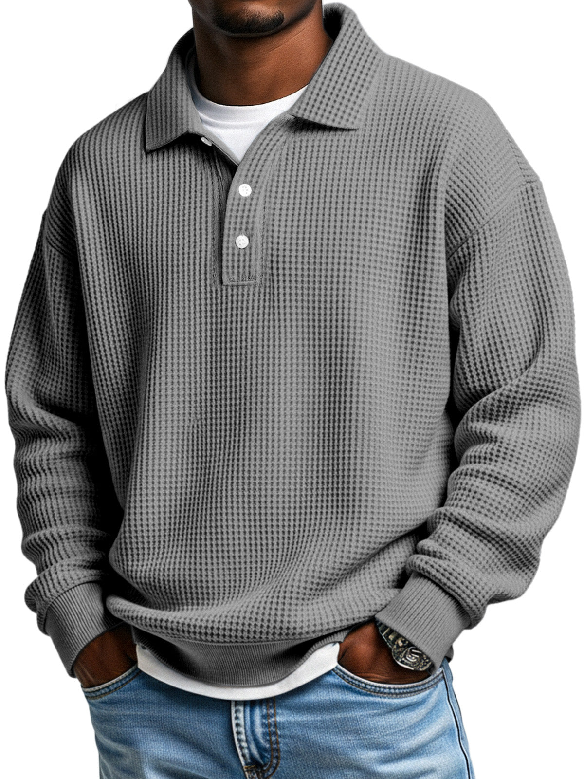 Men's Daily Loose Simple Waffle Lapel Button Long Sleeve POLO Shirt