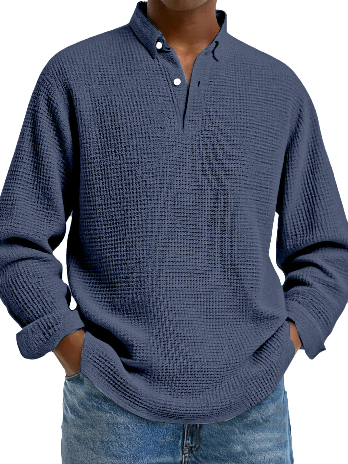 Men's Simple Solid Color Waffle Lapel Long Sleeve Polo Shirt