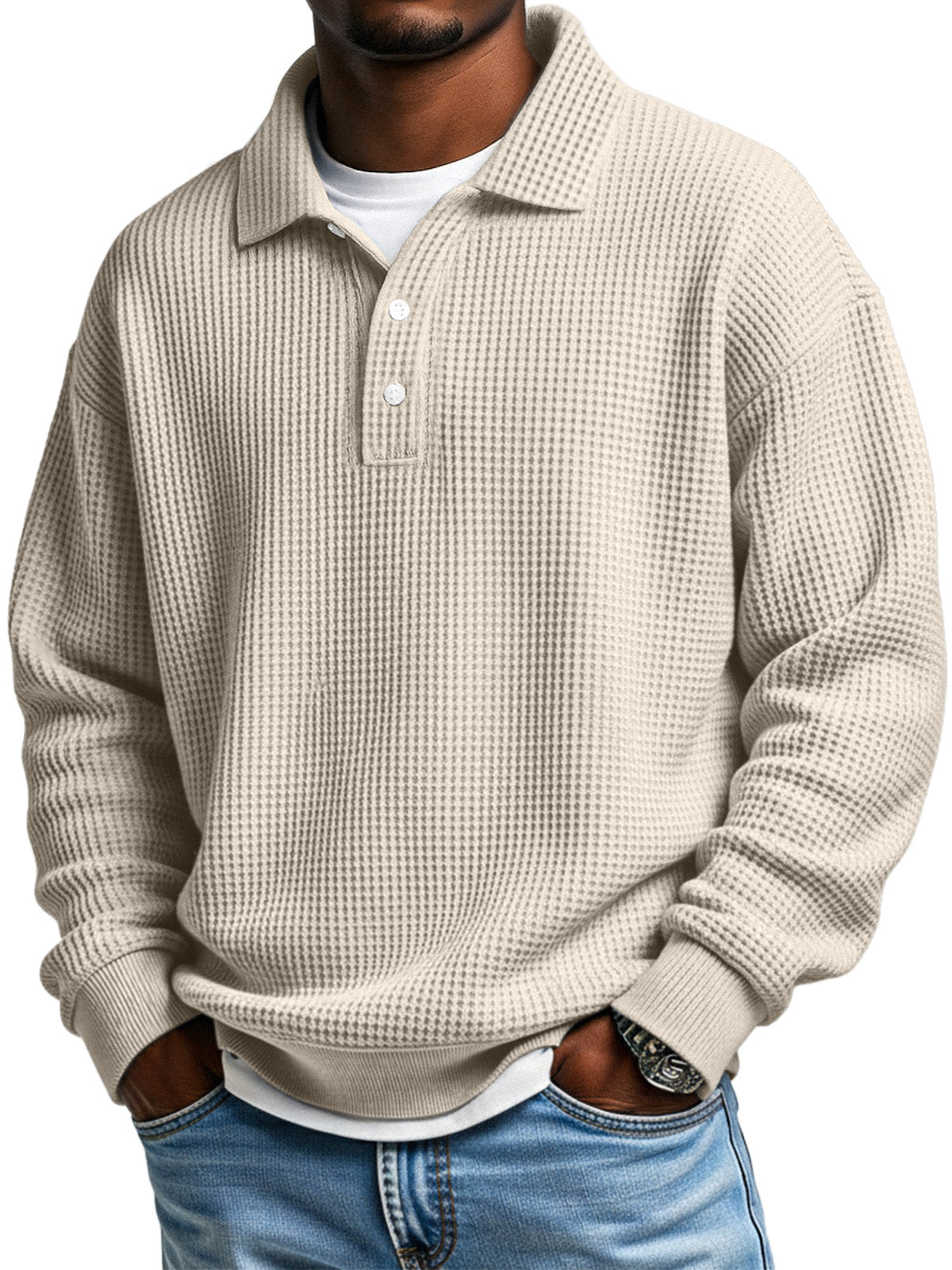 Men's Daily Loose Simple Waffle Lapel Button Long Sleeve POLO Shirt