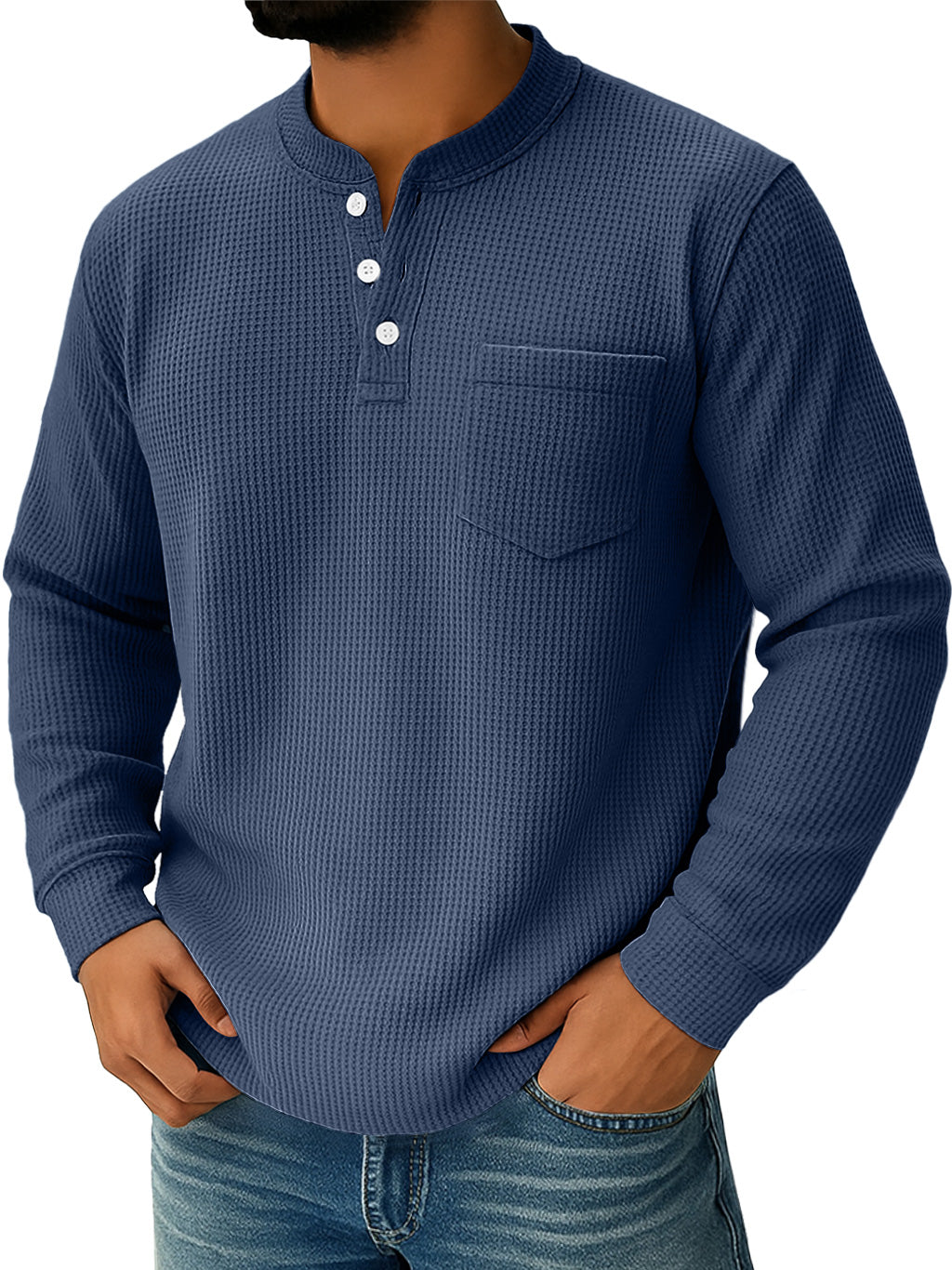 Men's Everyday Waffle Collar Button-Down Casual Long Sleeve Henley