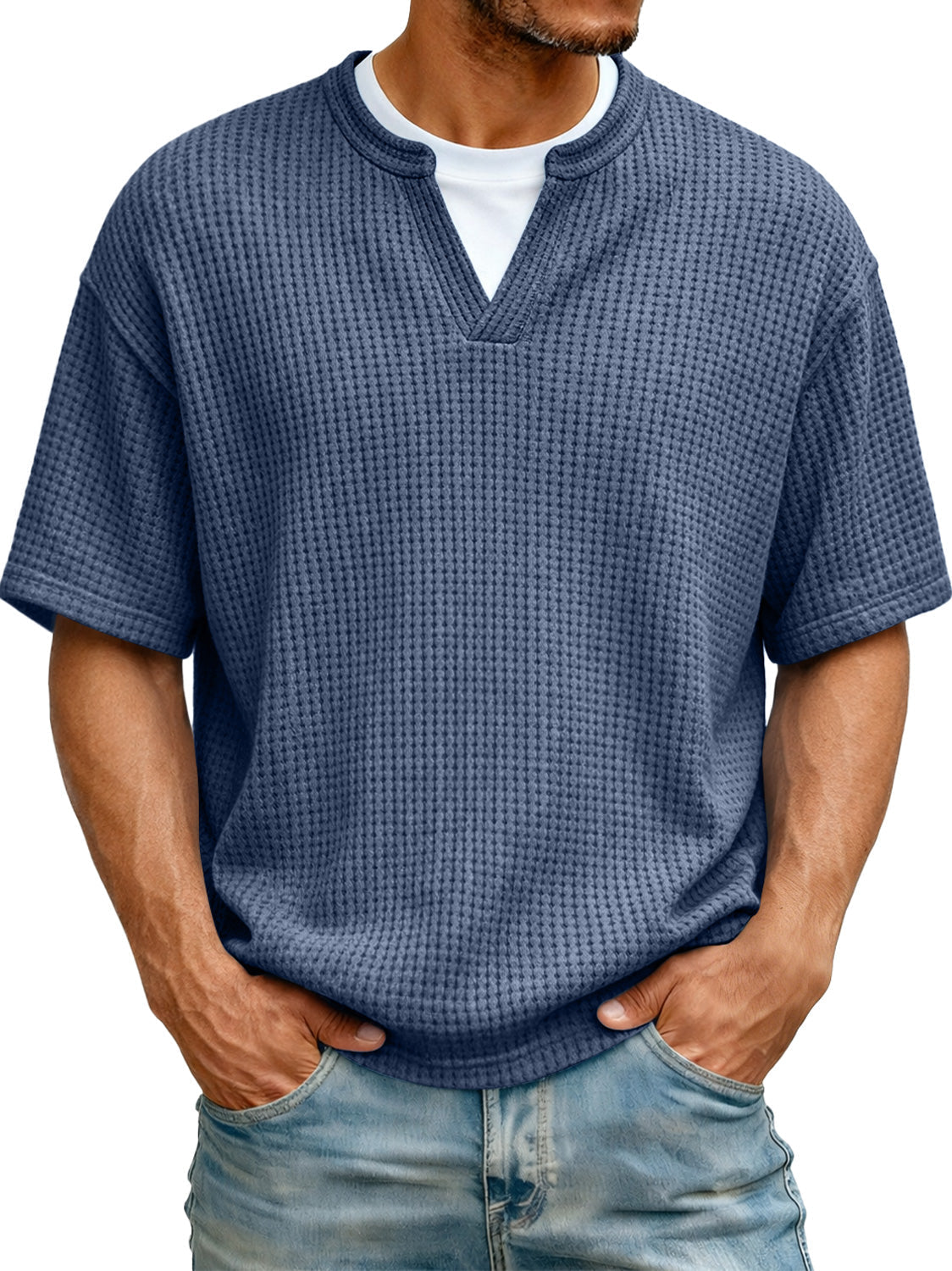 Men's Waffle-knit Two-piece Look Casual Solid Color Short-sleeved T-shirt