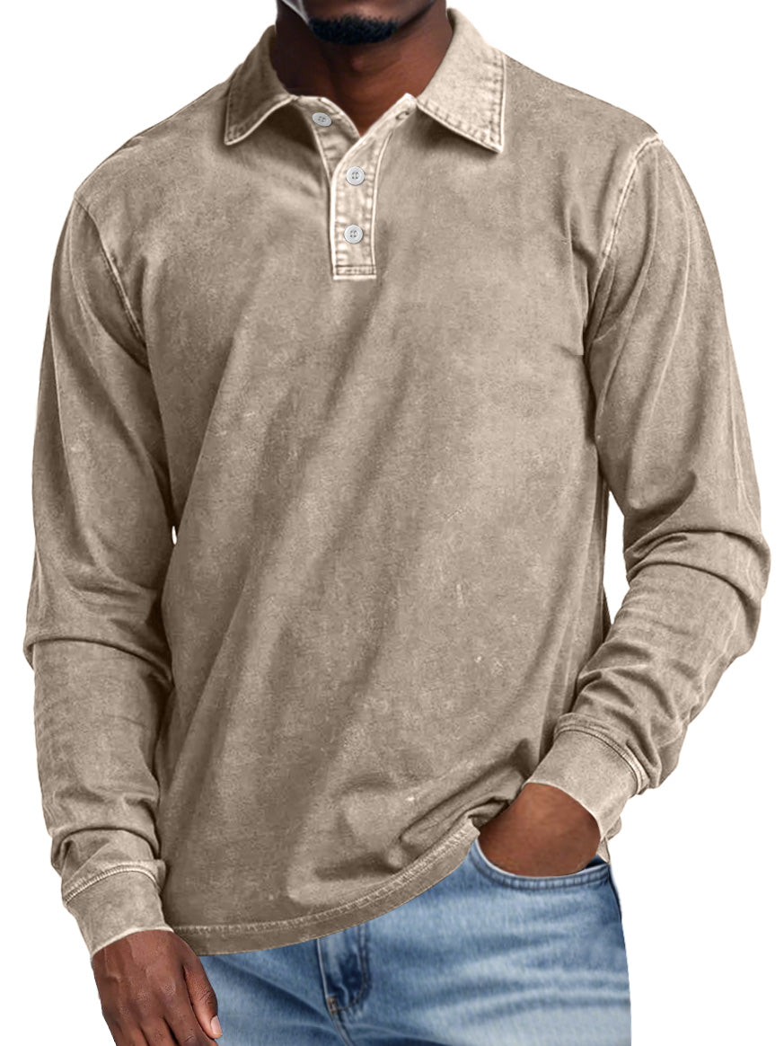 Men's Retro Lapel Button Casual Solid Color Long Sleeve Polo Shirt