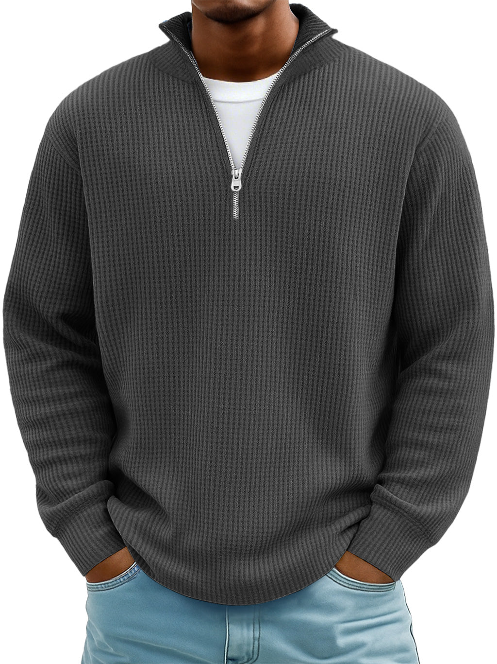 Men's Casual Simple Breathable Fabric Stand Collar Zipper Long Sleeve T-shirt