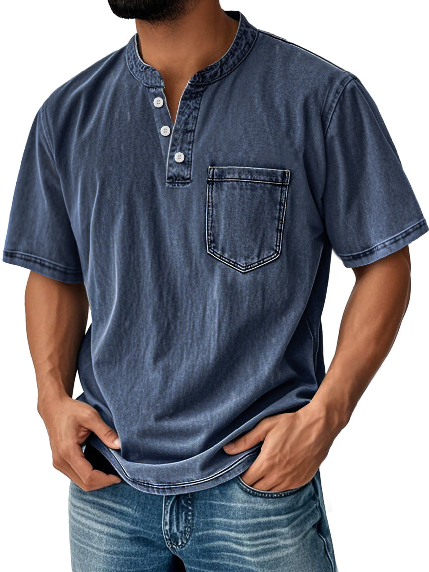 Men's Retro Stand Collar Casual Pocket Solid Color Short Sleeve Henley Shirt