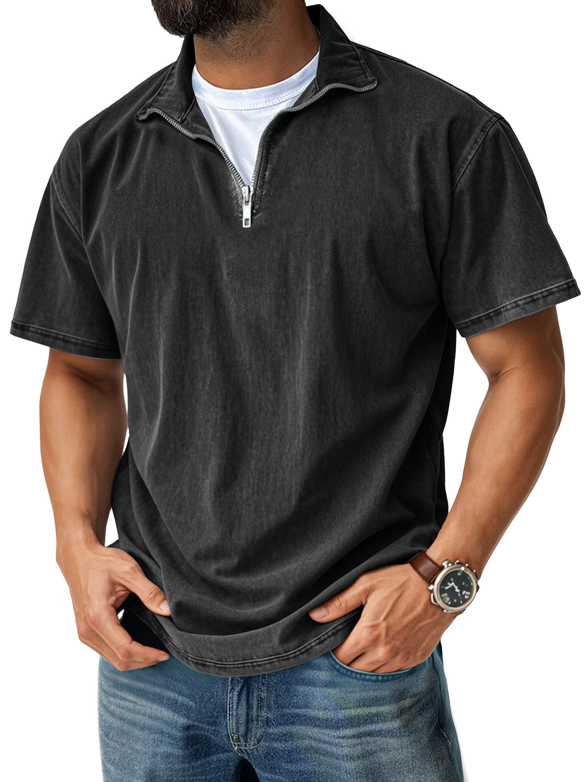 Men's Retro Casual Stand Collar Quarter-Zip Short Sleeve T-Shirt