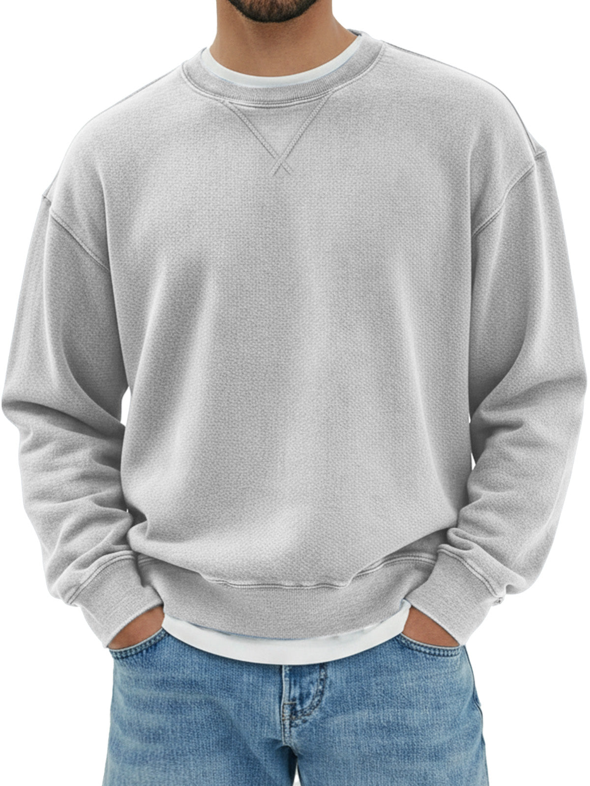 Men's pure cotton design inverted triangle shoulder long sleeve round neck sweatshirt