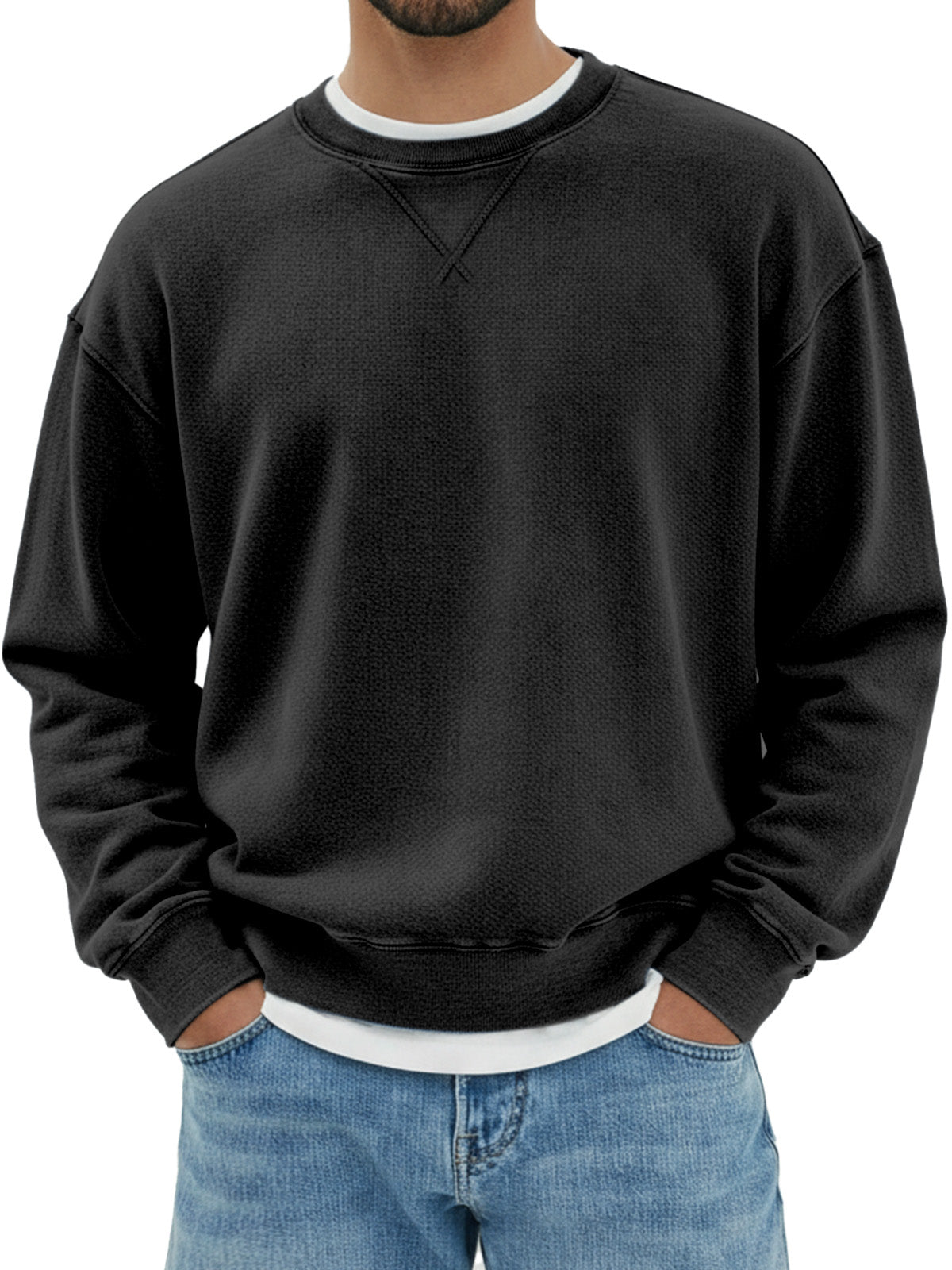 Men's pure cotton design inverted triangle shoulder long sleeve round neck sweatshirt