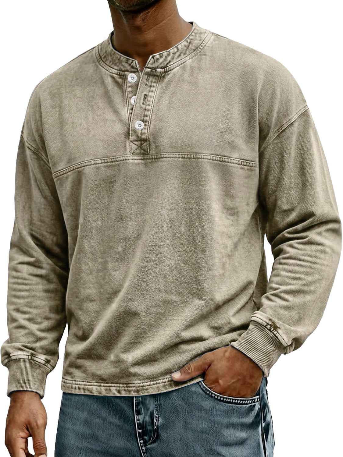 Men's Retro-Style Stand Collar Button Casual Long Sleeve Henley Shirt