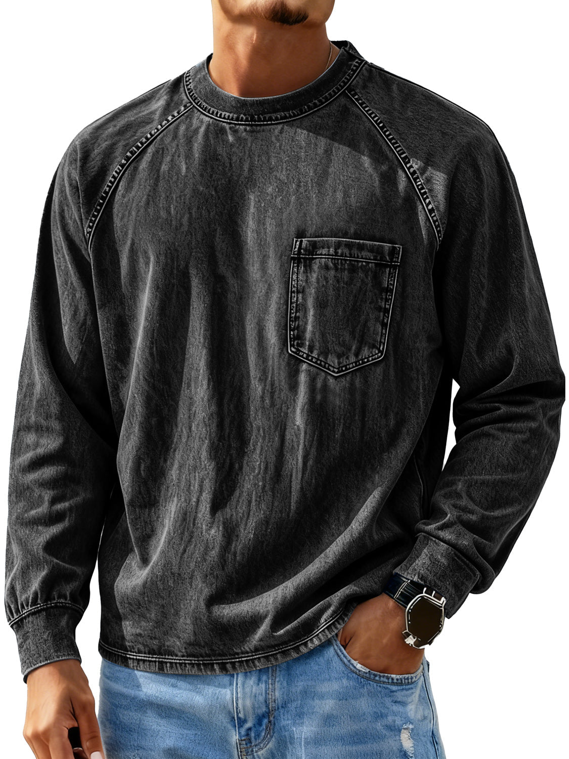 Men's Retro Crew Neck Raglan Casual Pocket Long Sleeve T-Shirt