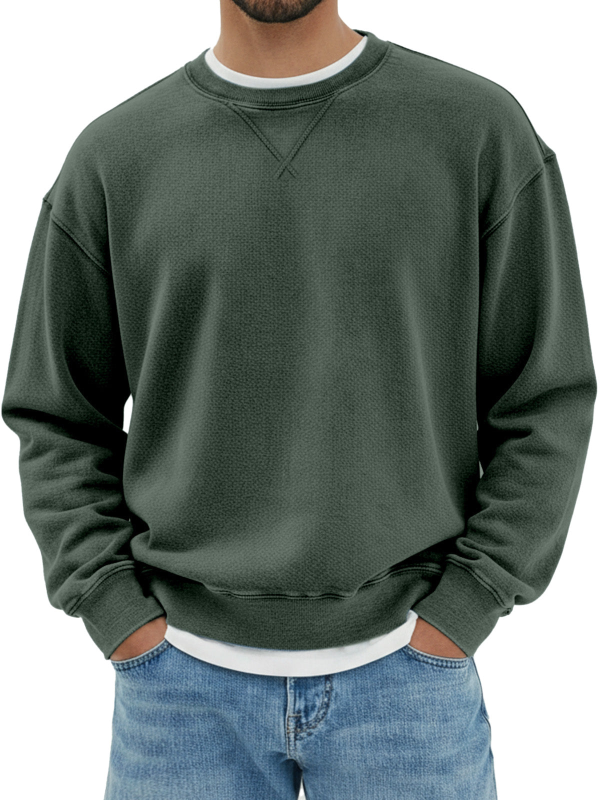 Men's pure cotton design inverted triangle shoulder long sleeve round neck sweatshirt