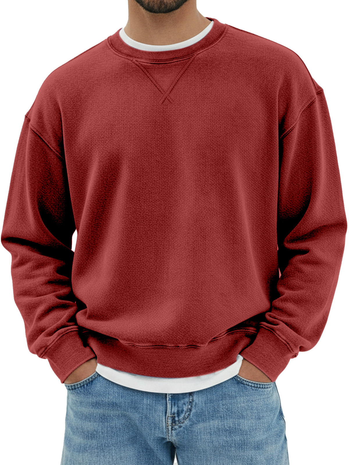 Men's pure cotton design inverted triangle shoulder long sleeve round neck sweatshirt