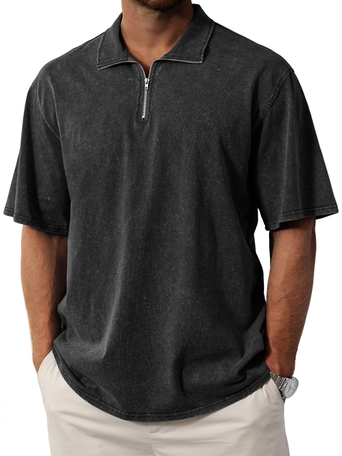 Men's Retro  Stand Collar Zipper Solid Color Short Sleeve T-Shirt