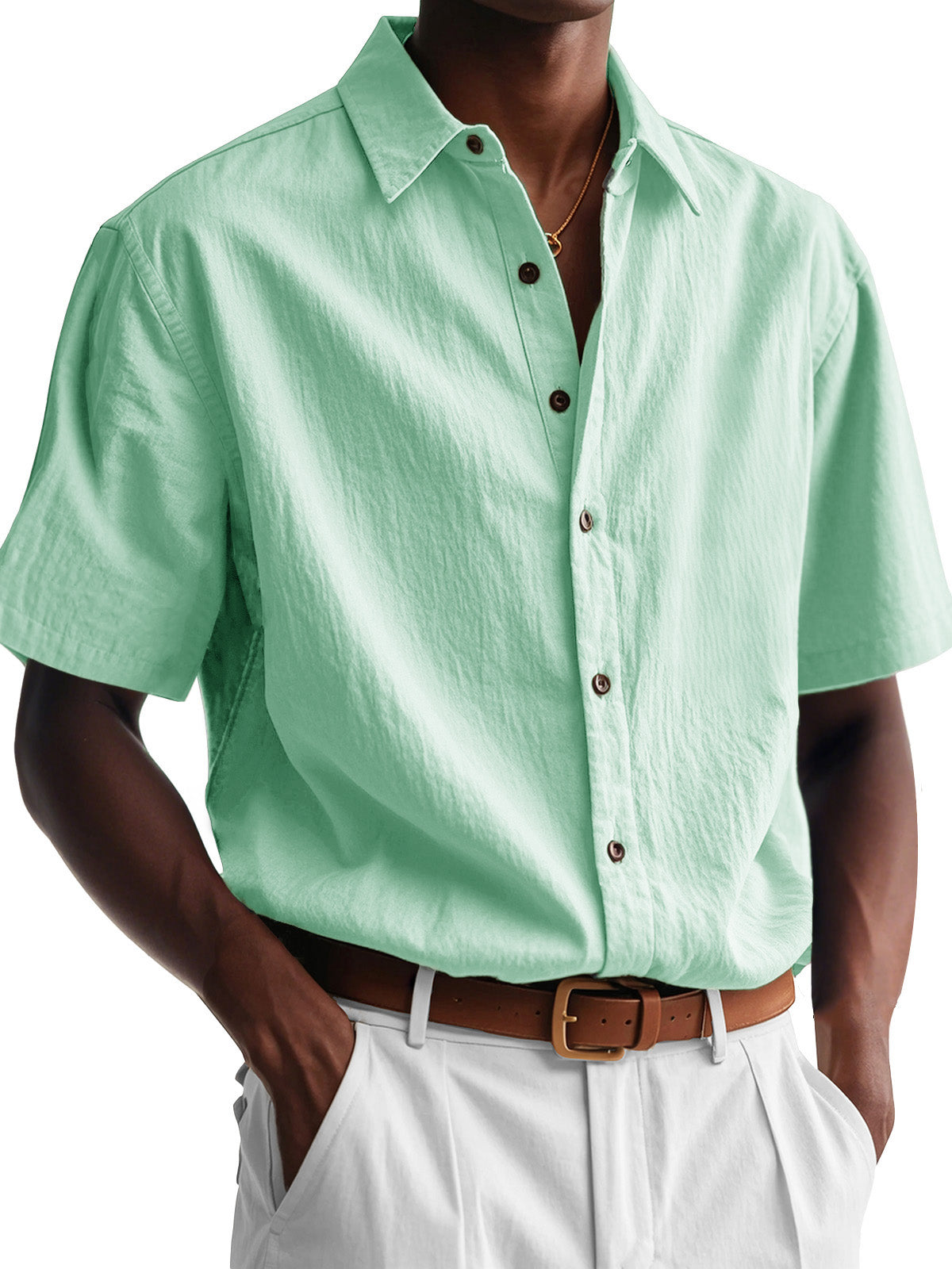 Men's Fashion Casual Pleated Fabric Short Sleeve Lapel Shirt