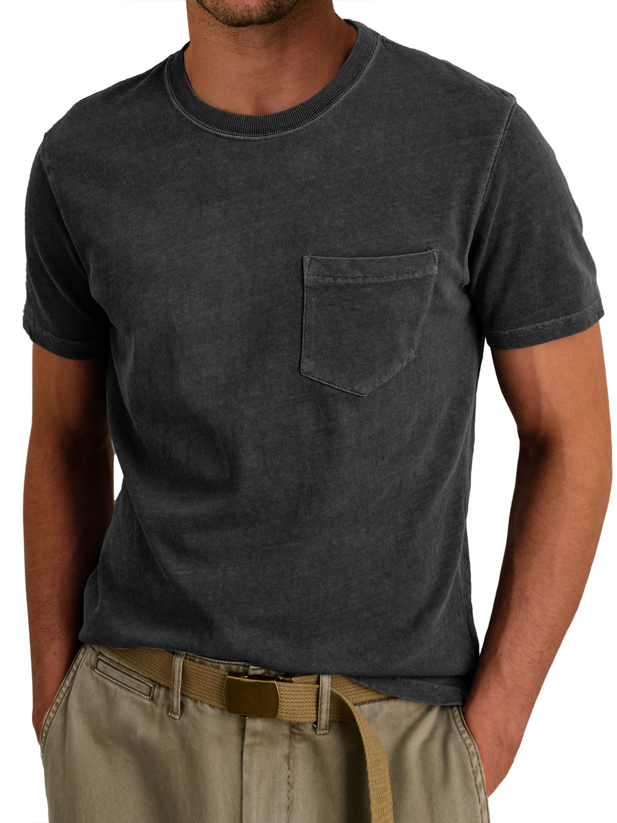 Men's Retro Round Neck Casual Pocket Solid Color Short Sleeve T-Shirt