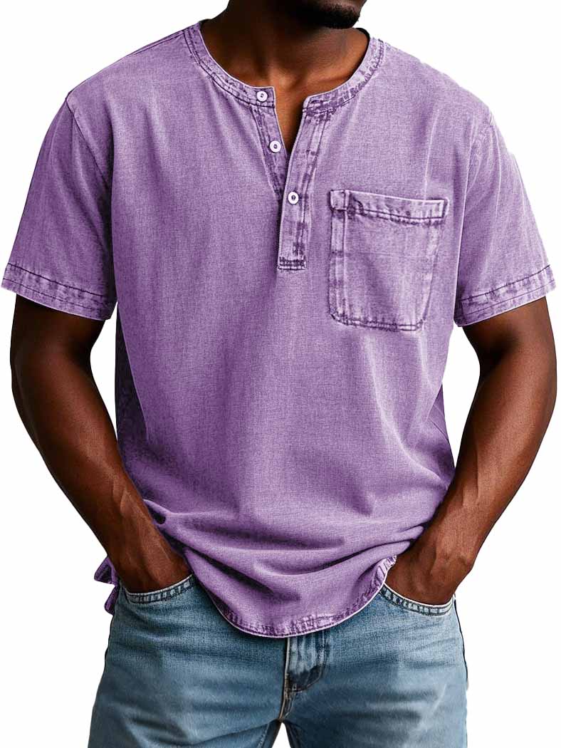 Men's Fashion Casual Vintage Distressed Pocket Short Sleeve Henley Shirt