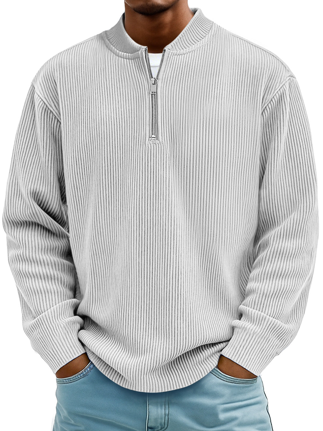 Men's Daily Striped Baseball Collar Zipper Casual Long Sleeve T-shirt