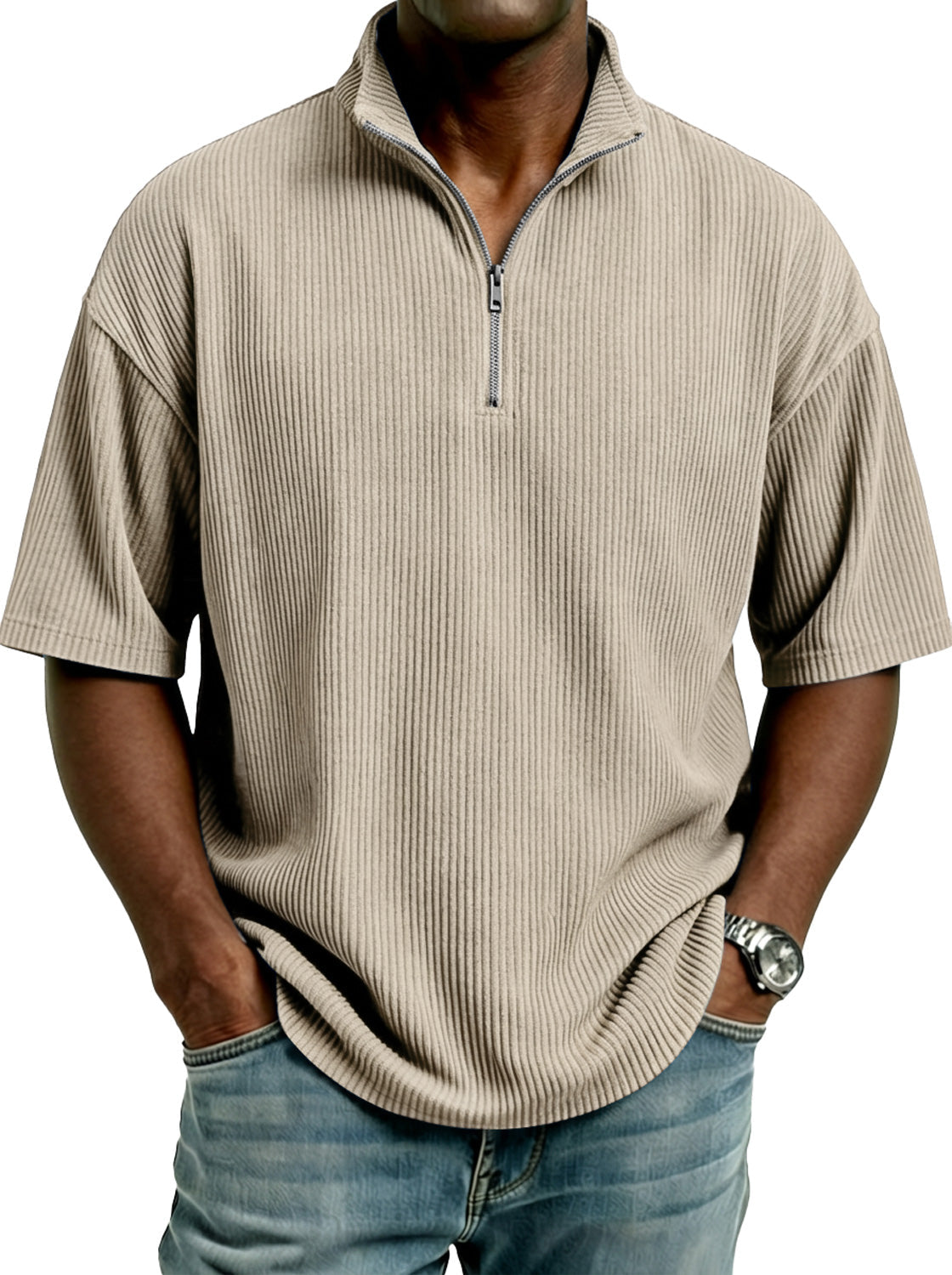 Men's Simple Corduroy Stand-collar Zip-up Casual Short-sleeved T-shirt