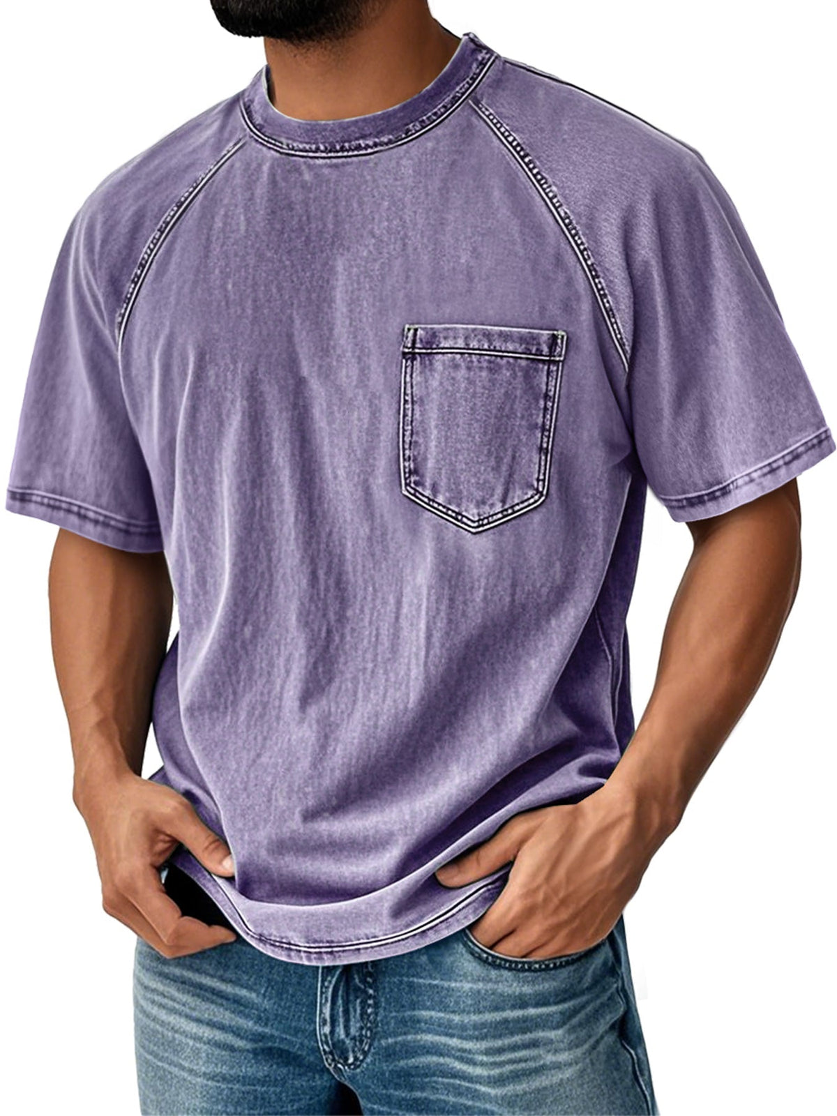 Men's Retro Round Neck Raglan Sleeve Casual Pocket Short Sleeve T-Shirt
