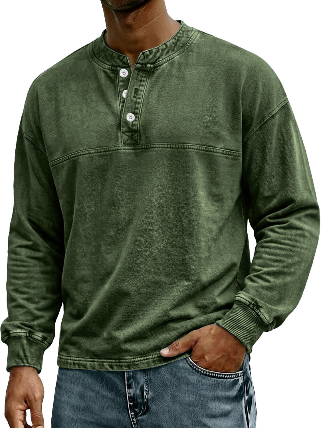 Men's Retro-Style Stand Collar Button Casual Long Sleeve Henley Shirt