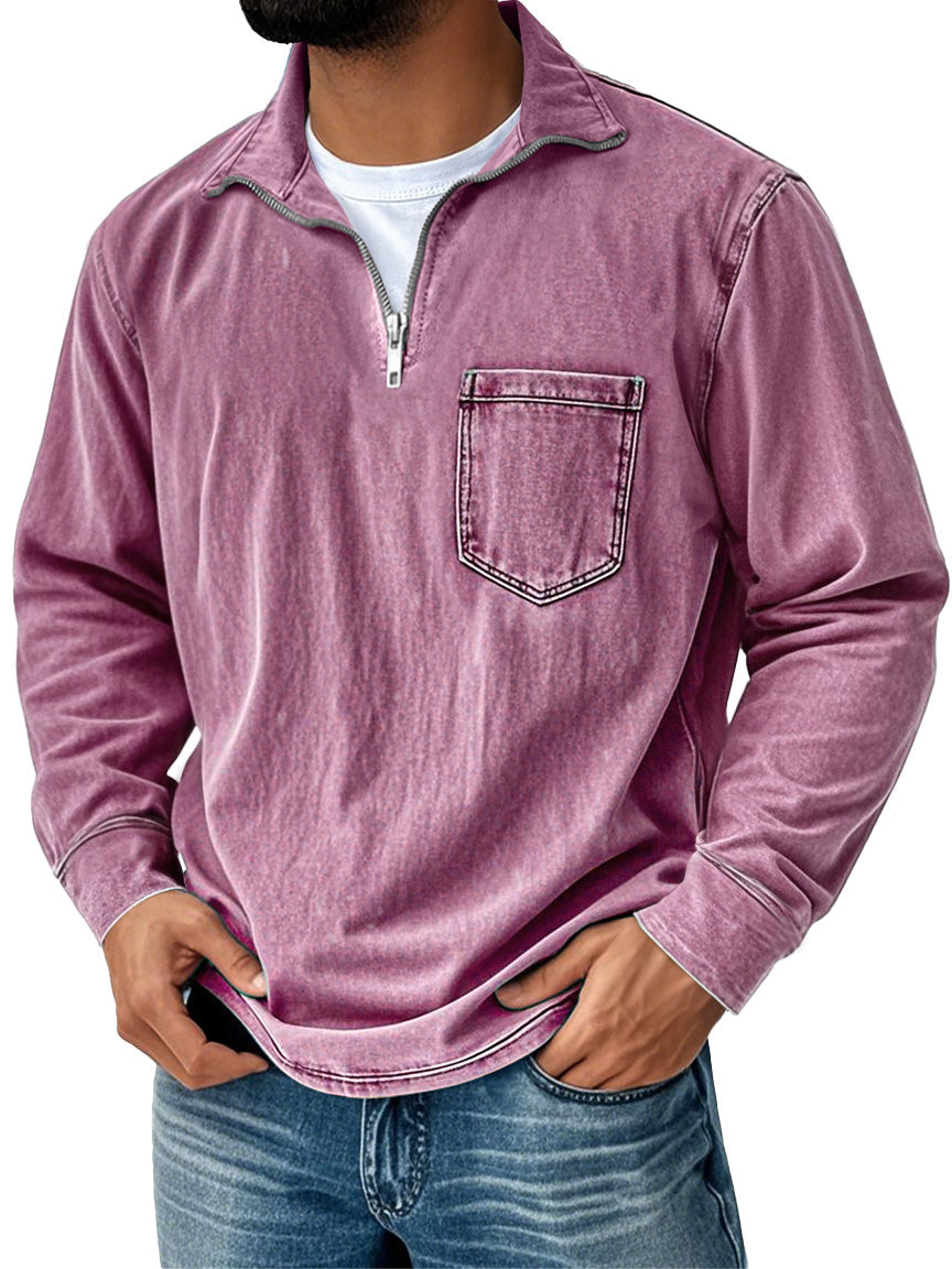 Men's Retro Casual Stand Up Collar Zipper Pocket Distressed Long Sleeved T-shirt