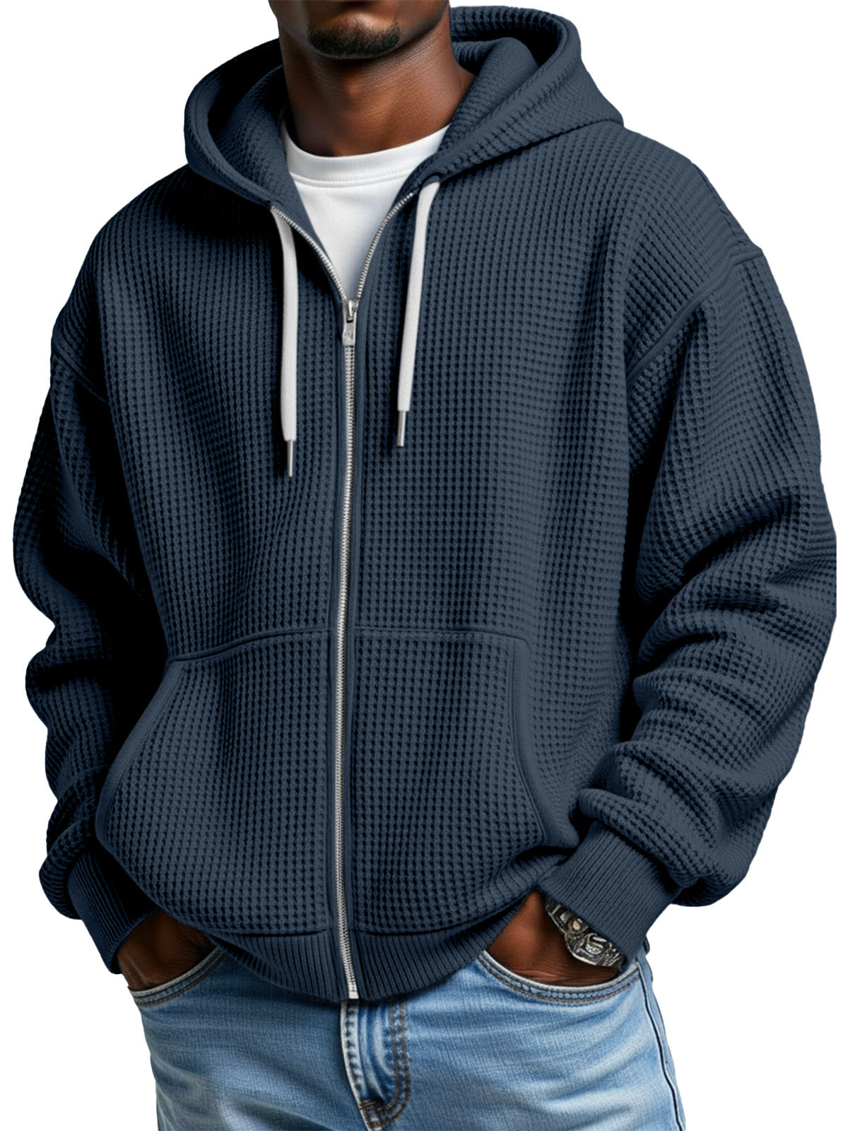 Men's Casual Solid Color Waffle Long Sleeve Hooded Coat