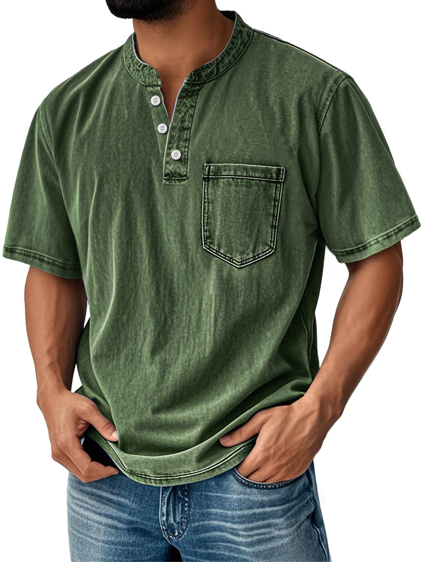 Men's Retro Stand Collar Casual Pocket Solid Color Short Sleeve Henley Shirt