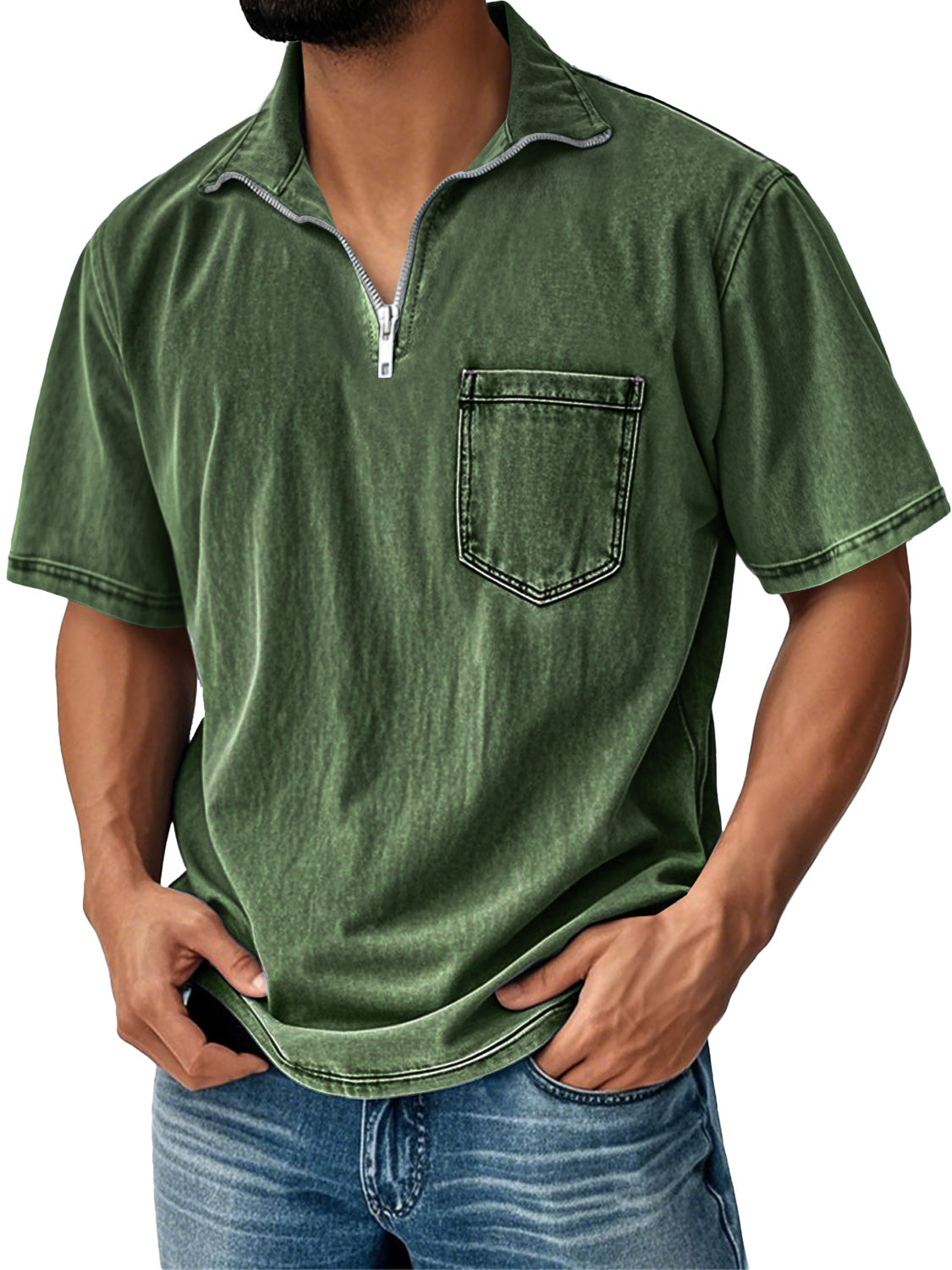 Men's Retro Daily Stand Collar Zipper Pocket Casual Short Sleeve T-shirt