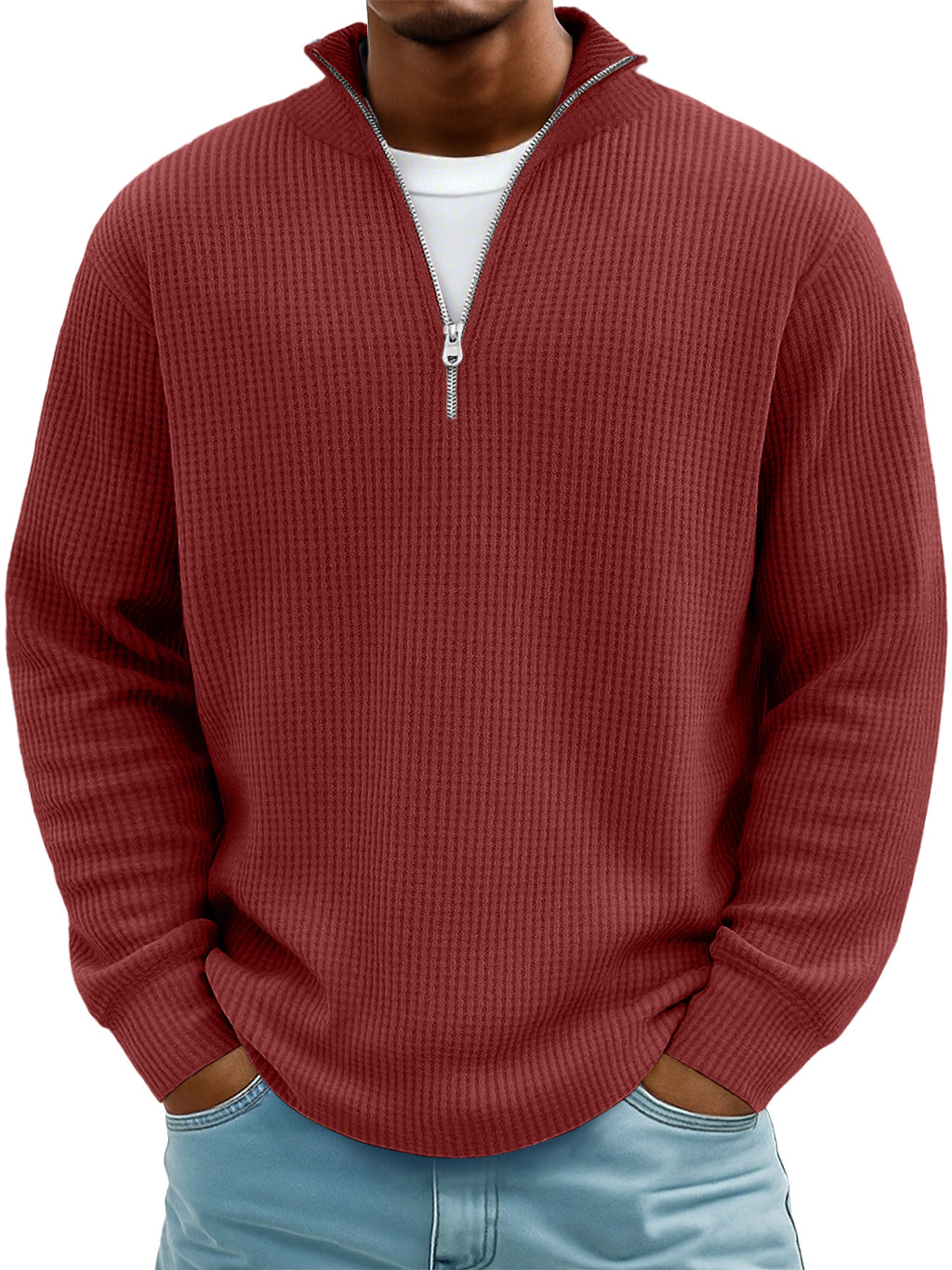 Men's Casual Simple Breathable Fabric Stand Collar Zipper Long Sleeve T-shirt