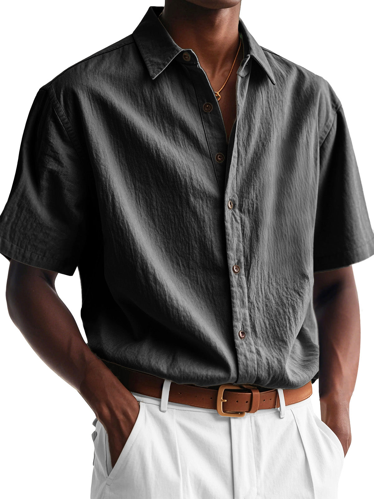 Men's Fashion Casual Pleated Fabric Short Sleeve Lapel Shirt