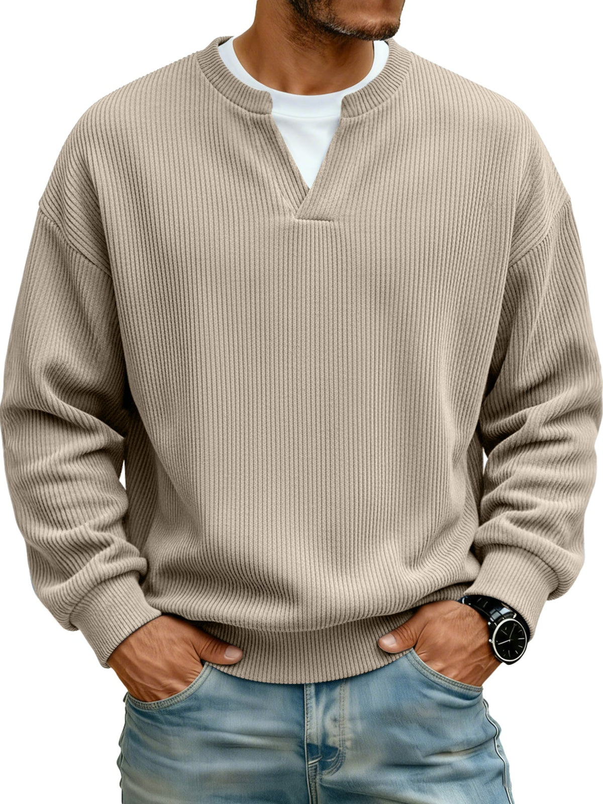Men's Ribbed V-neck Faux Two-Piece Casual Long-Sleeve T-Shirt