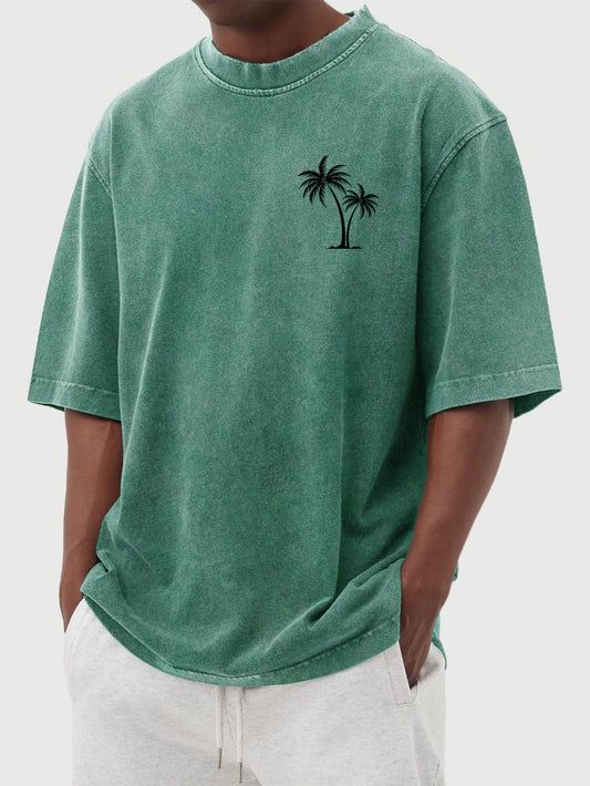 Men's Cotton Washed Distressed Palm Tree Print Short Sleeved Round Neck T-shirt