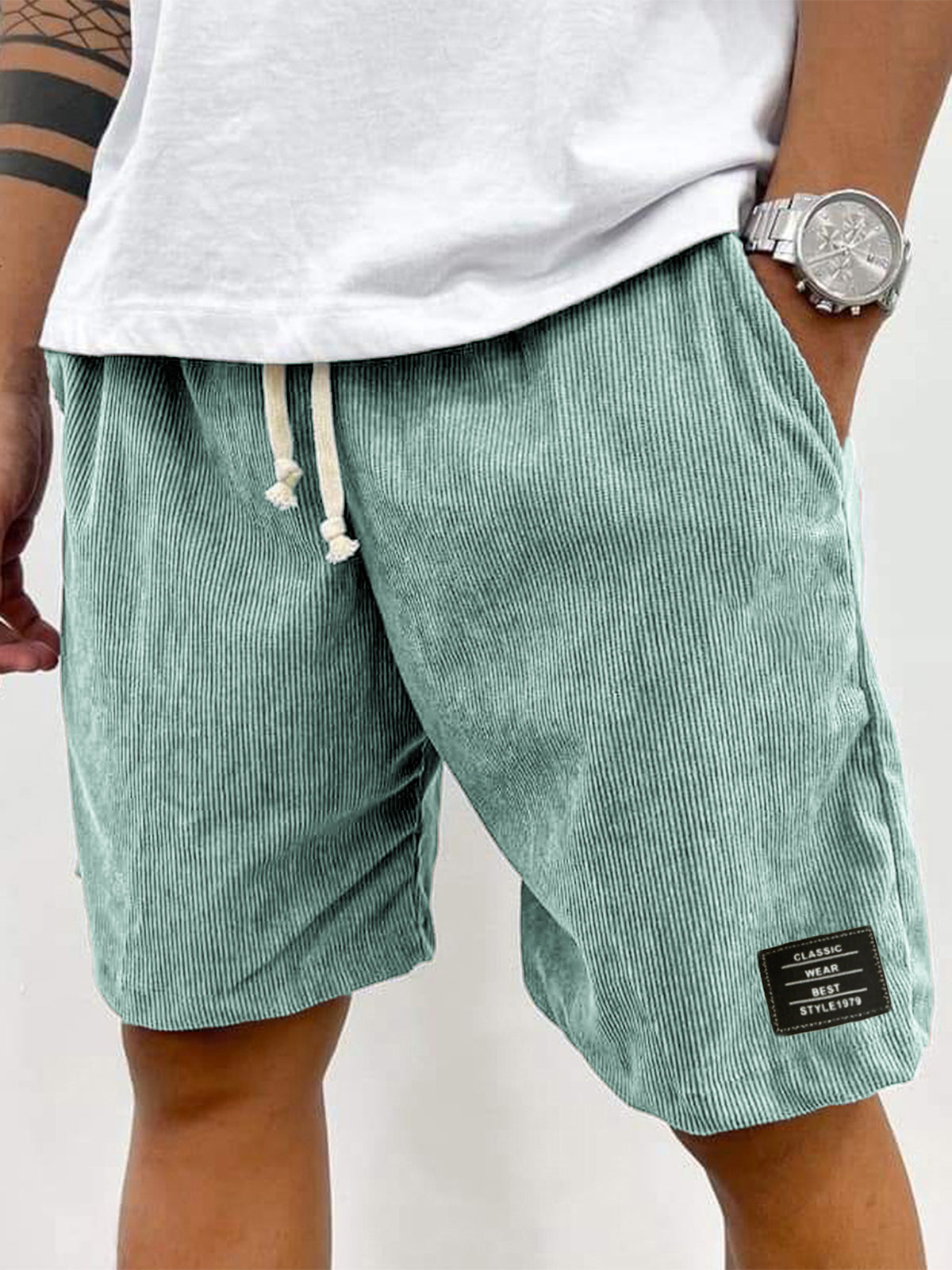 Men's Stylish Corduroy Simple Embroidered Label Holiday Casual Shorts