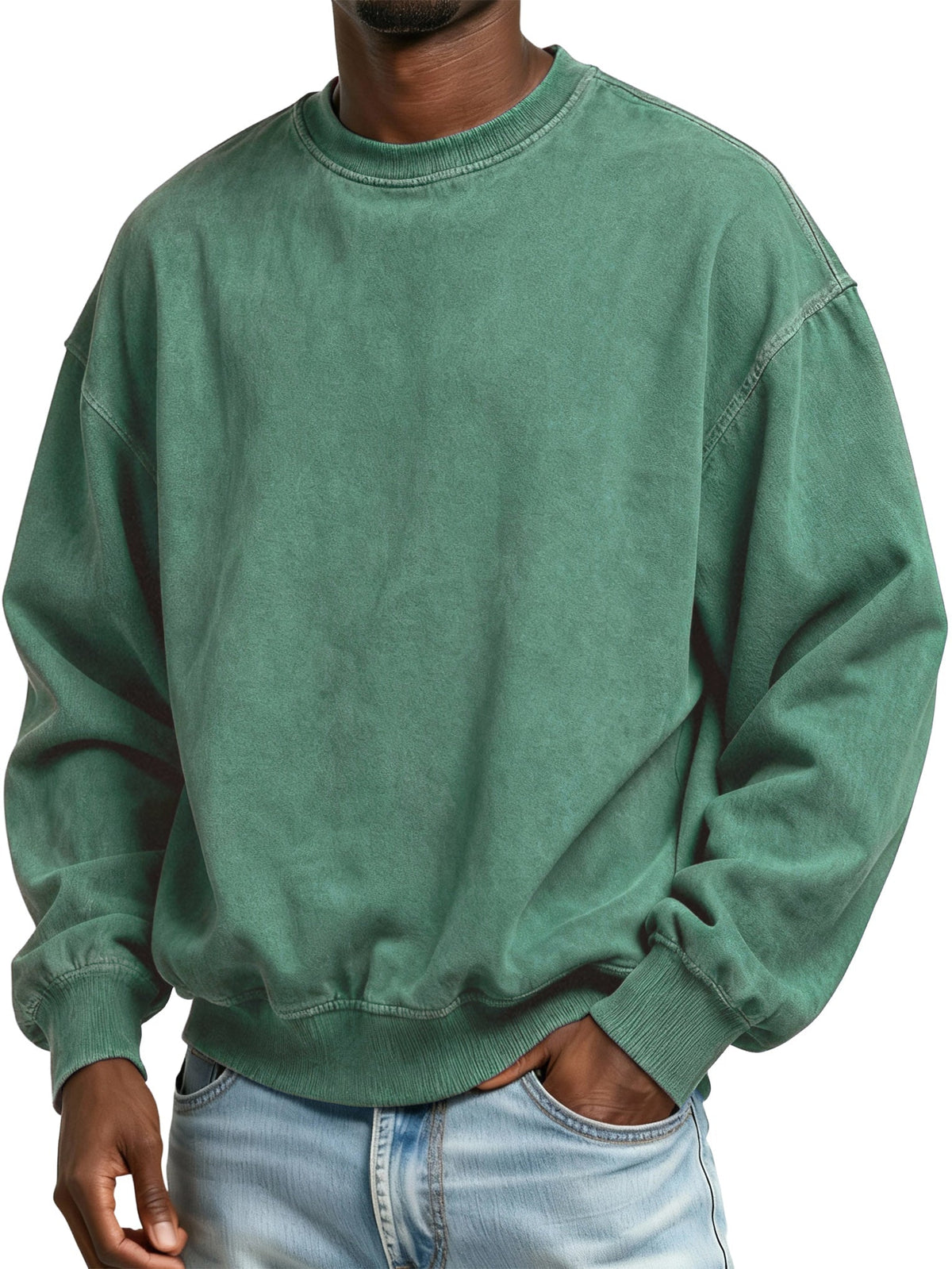 Men's Vintage Washed Distressed Batik Cotton Crew Neck Long Sleeve Sweatshirt
