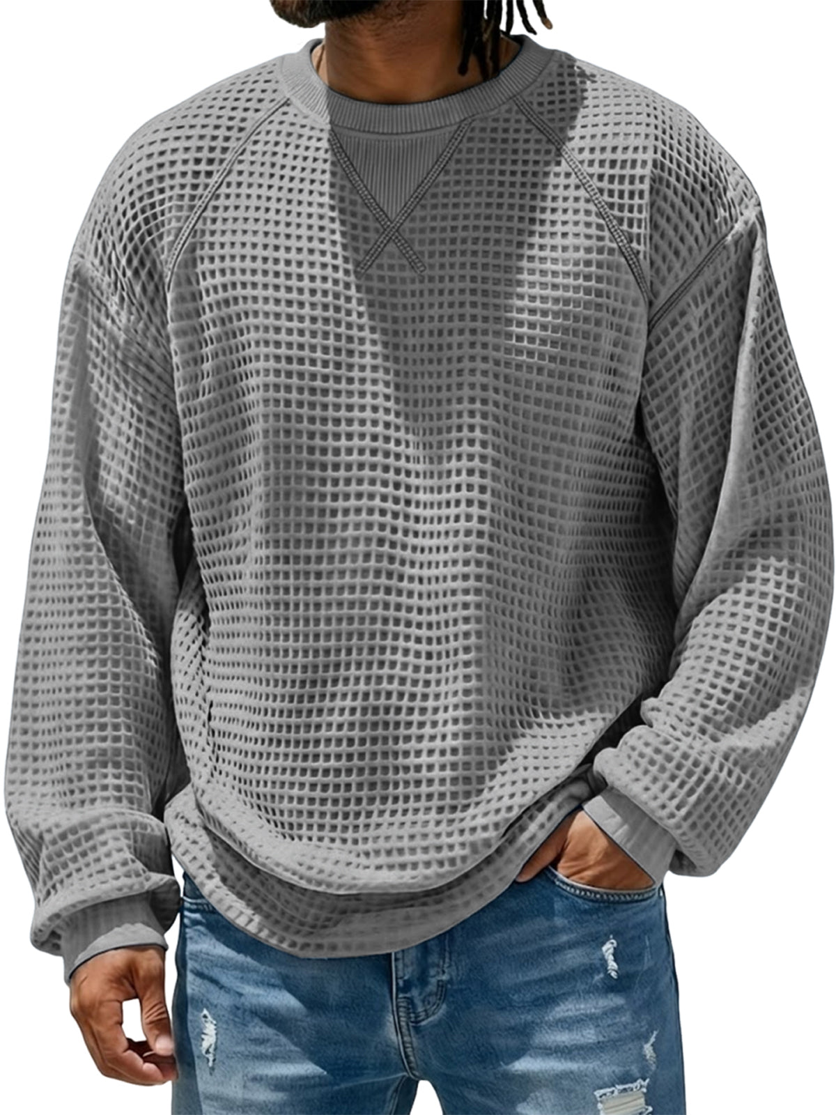 Men's Breathable Waffle Textured Raglan Patchwork Basic Pullover Top