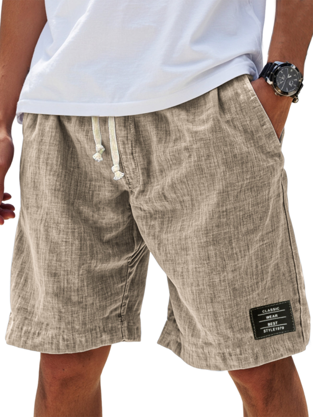 Mens Linen Vacation Classic Embroidered Label Everyday Comfort Shorts
