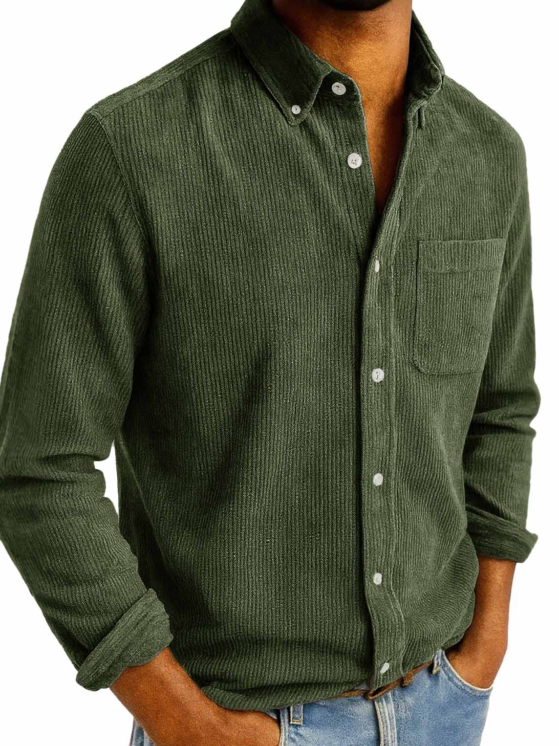 Men's Fashion Retro Daily Casual Corduroy Fabric Lapel Long Sleeve Pocket Shirt
