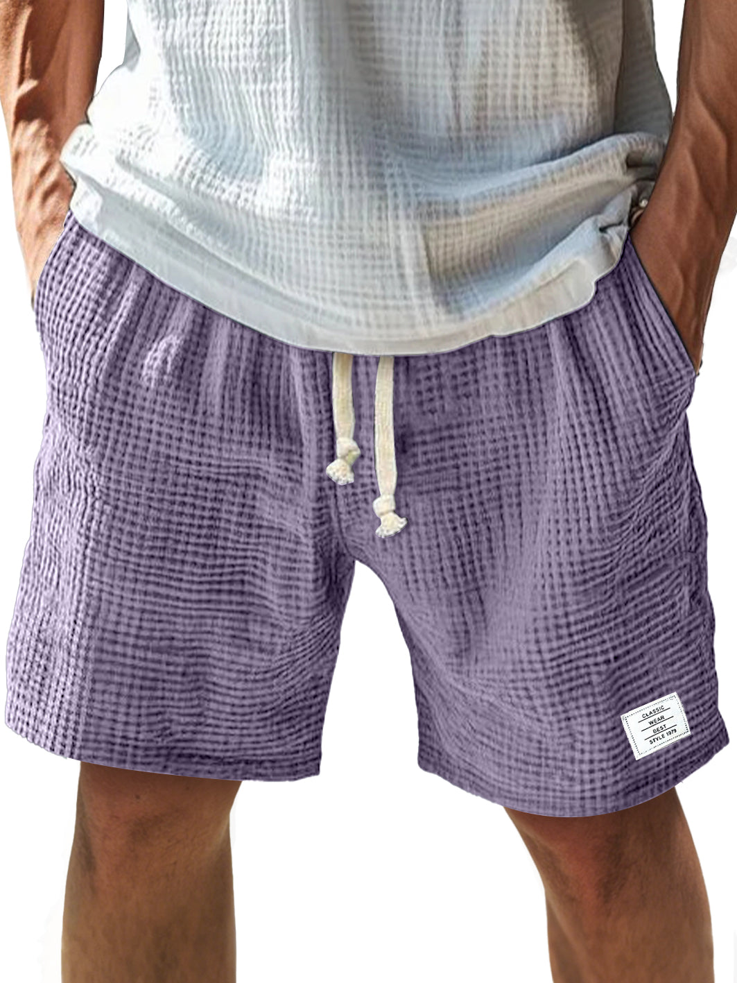 Men's Everyday Texture Embroidered Logo Elastic Waist Drawstring Comfort Shorts