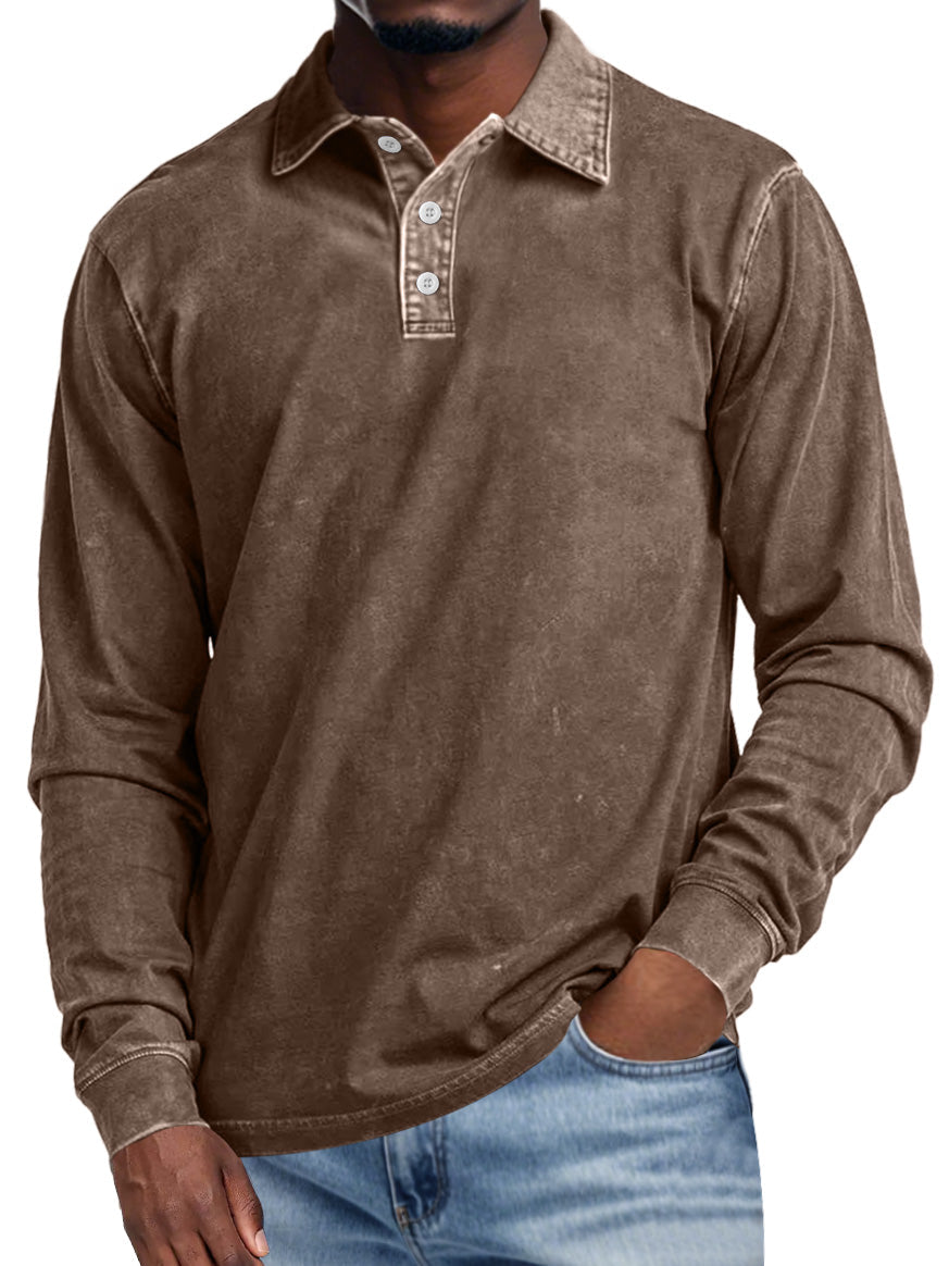Men's Retro Lapel Button Casual Solid Color Long Sleeve Polo Shirt