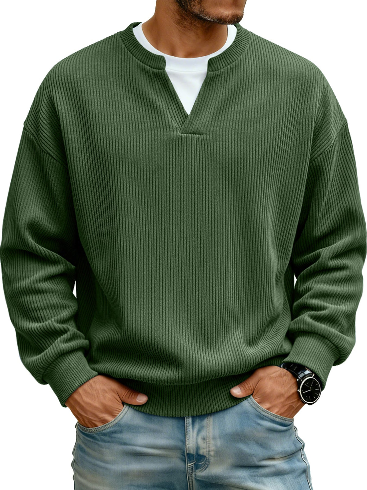 Men's Ribbed V-neck Faux Two-Piece Casual Long-Sleeve T-Shirt