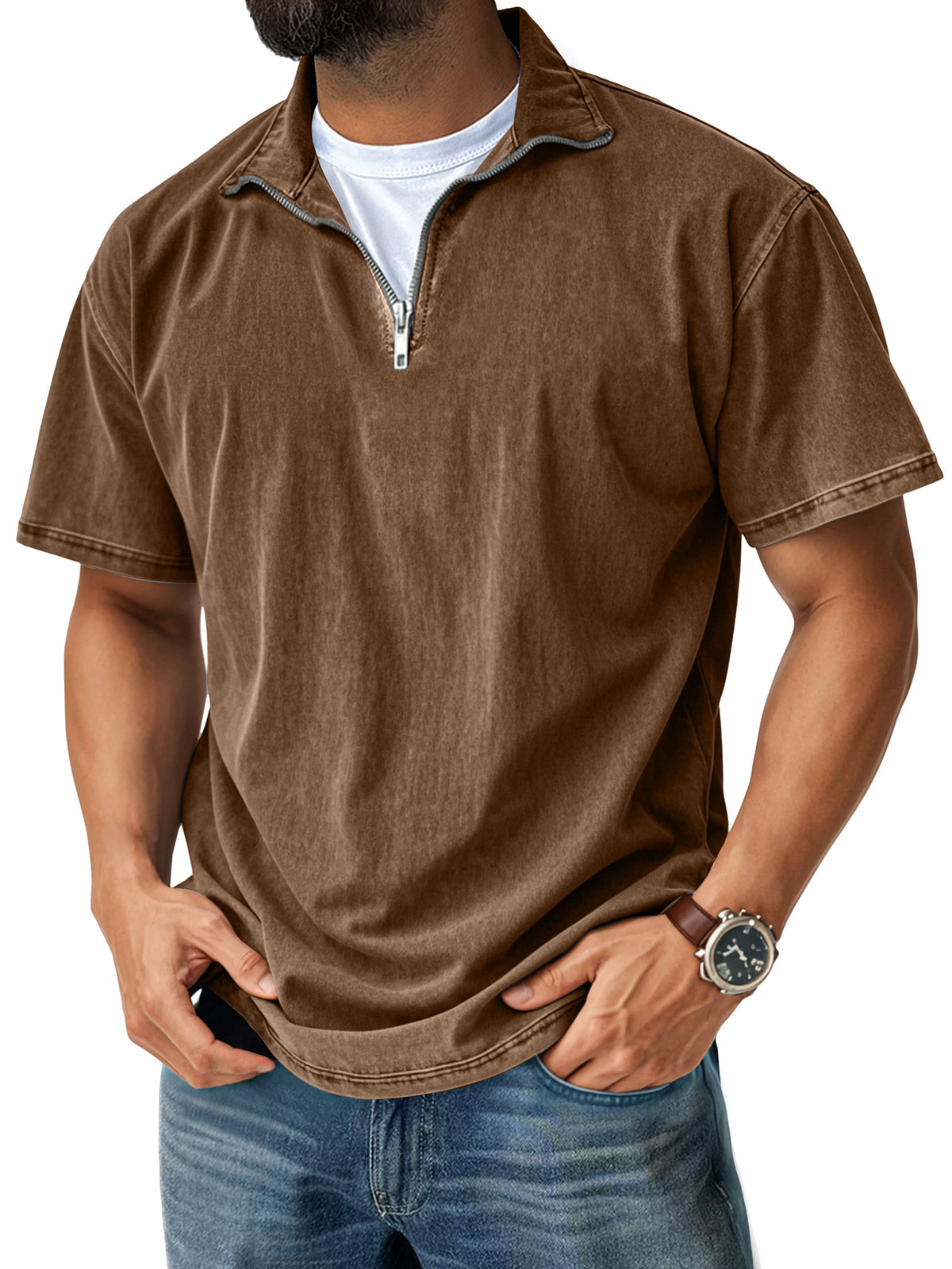 Men's Retro Casual Stand Collar Quarter-Zip Short Sleeve T-Shirt