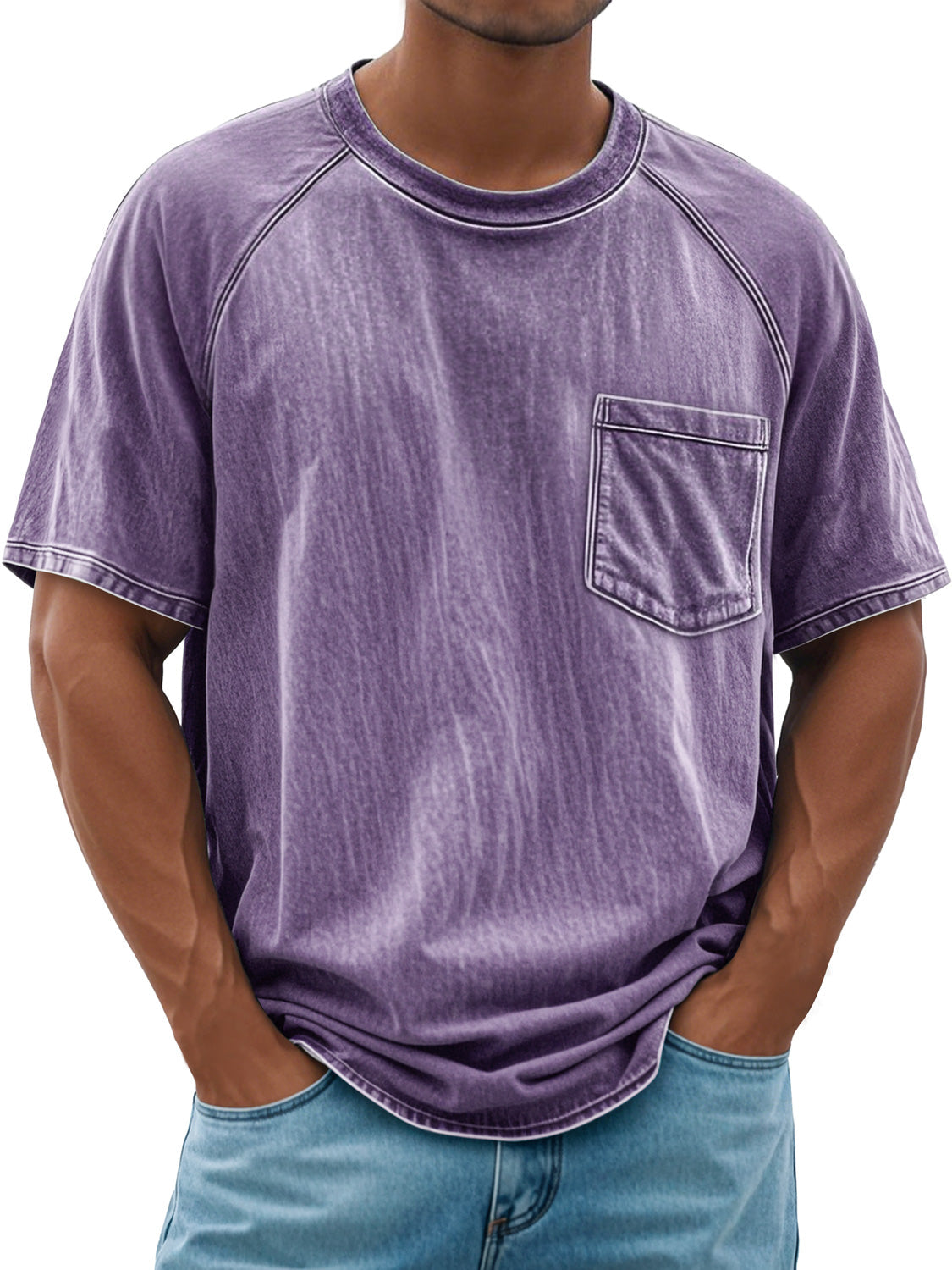 Men's Retro Round Neck Raglan Pocket Casual Short Sleeve T-Shirt