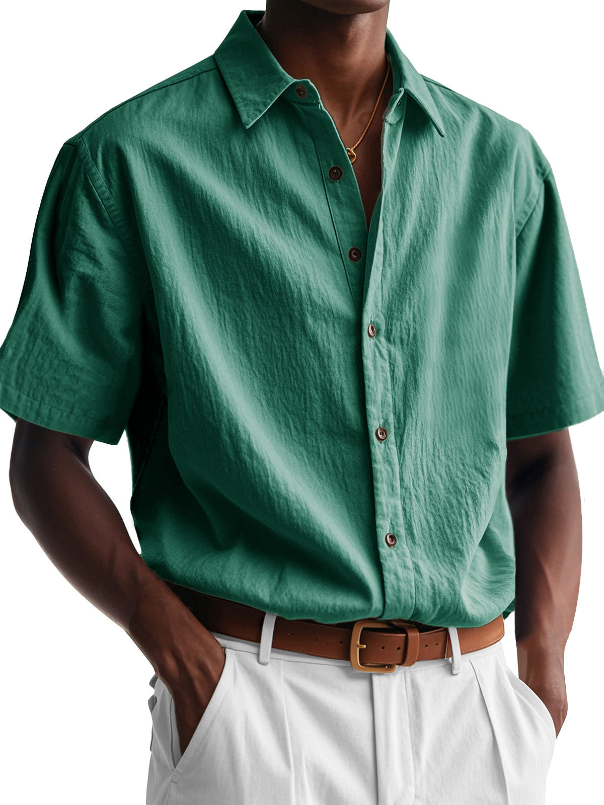 Men's Fashion Casual Pleated Fabric Short Sleeve Lapel Shirt