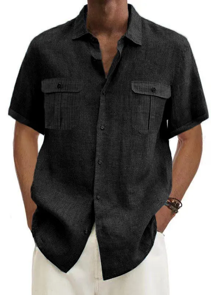 Mokaloha-Men's Solid Color Double Pocket Cotton Linen Casual Short Sleeve Shirt