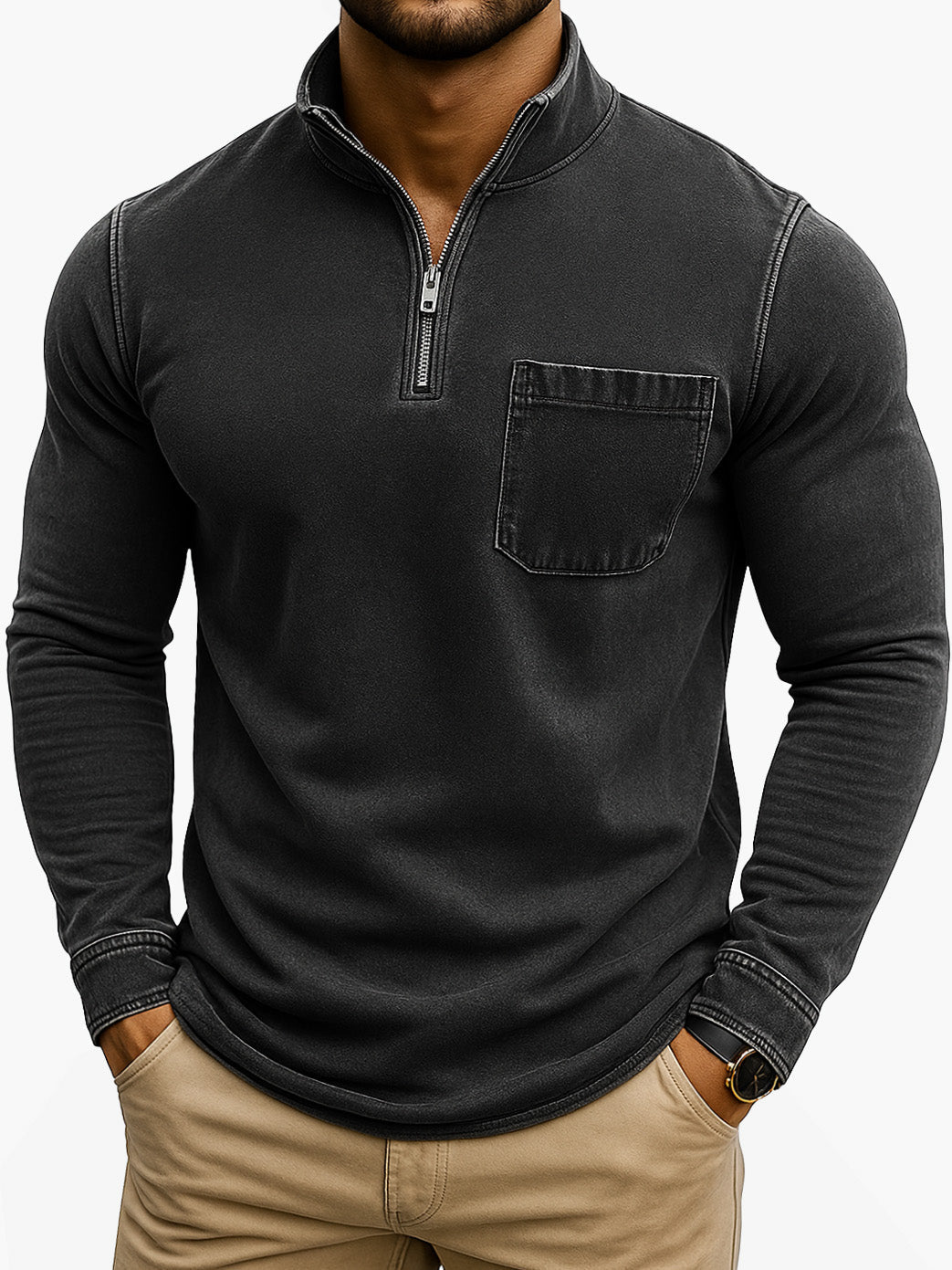 Men's Retro Casual Washed Distressed Quarter Zip Pocket Long Sleeve T-Shirt