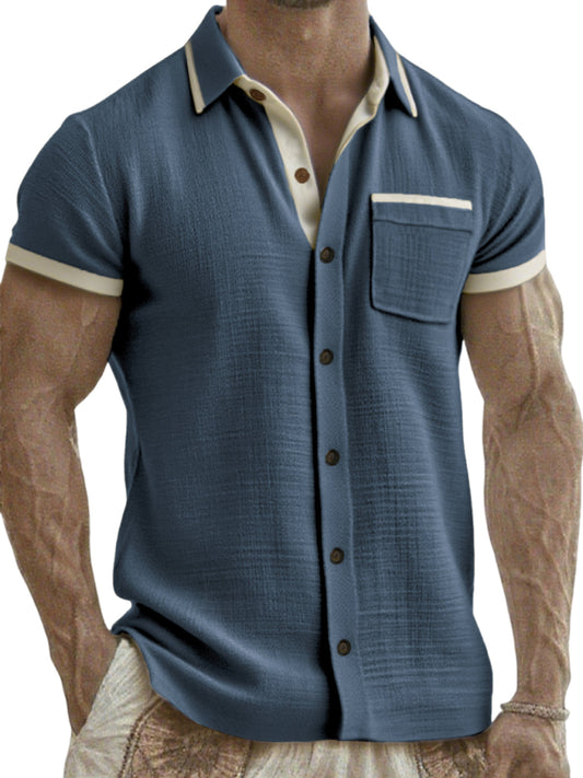Men's Breathable Linen Colorblock Casual Short Sleeve Shirt with Chest Pocket