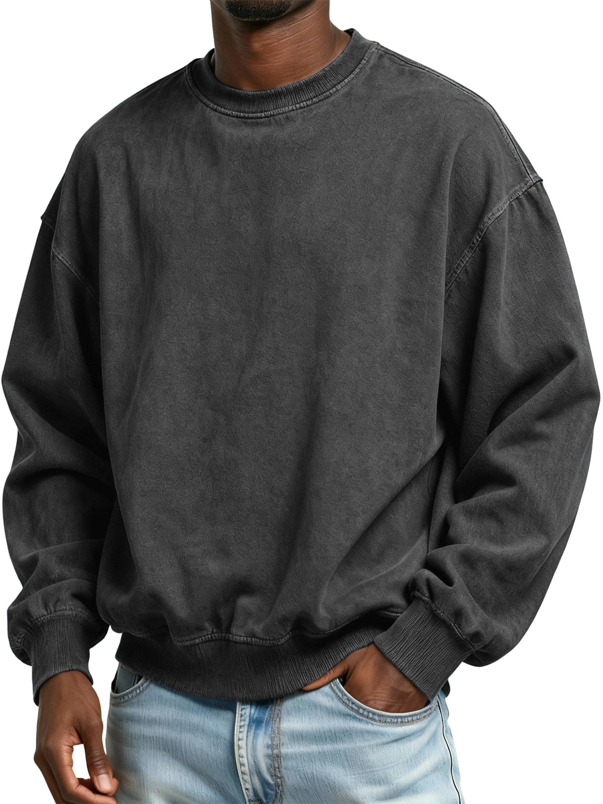 Men's Vintage Washed Distressed Batik Cotton Crew Neck Long Sleeve Sweatshirt