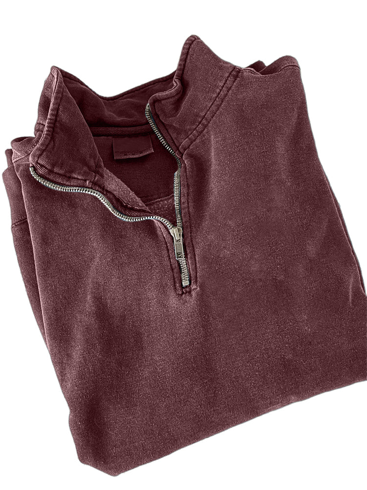 Men's Quarter Zip Distressed Washed Cotton Zipper Long Sleeve Sweatshirt