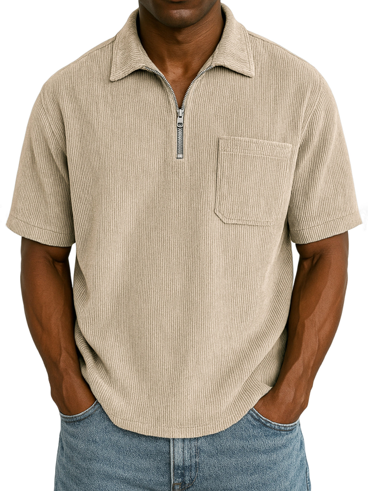 Men's Stylish Ribbed Pit Corduroy Quarter-Zip Casual Short Sleeve POLO Shirt