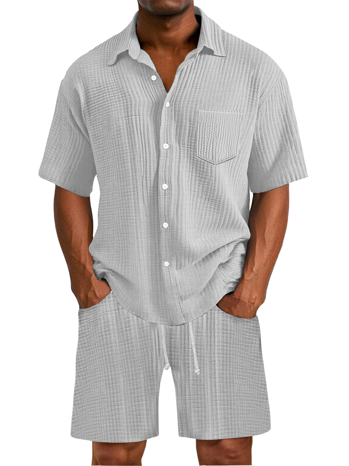 Men's Daily Wrinkled Texture Pocket Shirt Shorts Set